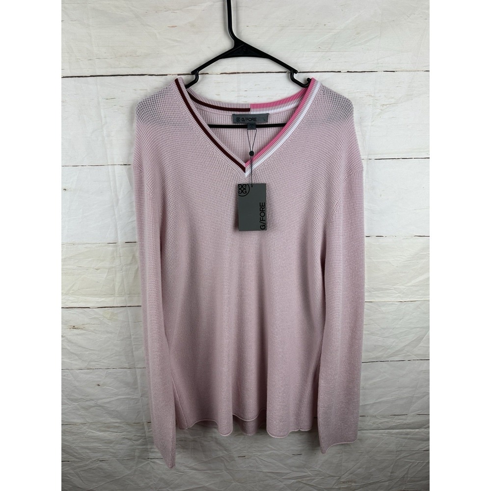 G/Fore Mens Large Blush Pink Waffle Knit V-Neck Wool Long Sleeve Sweater NWT